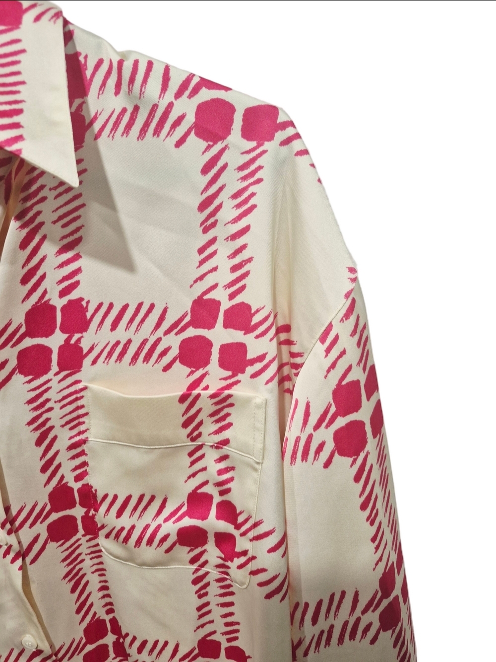 MARNI x UNIQLO Pink Beige Plaid Satin Oversized Button-Down Blouse - Picture 3 of 6